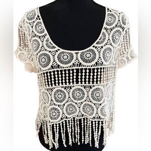 Anthropologie Dulcie cotton ivory crochet top with fringe